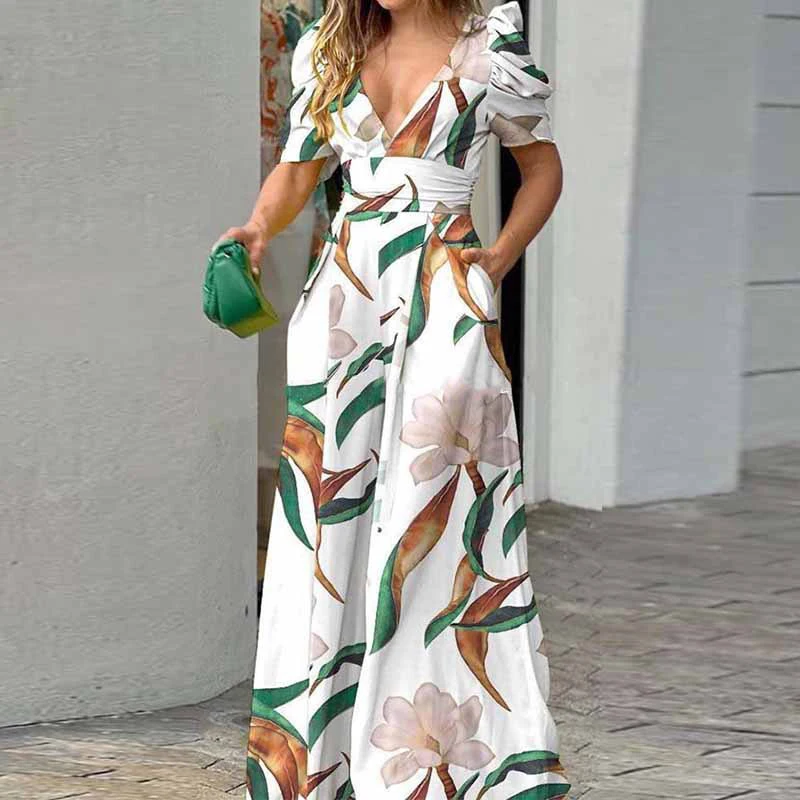 

New Women's Summer Fashion Print Deep V-Neck Short Sleeve High Waist Slim Fit Pocket Casual Long Dress