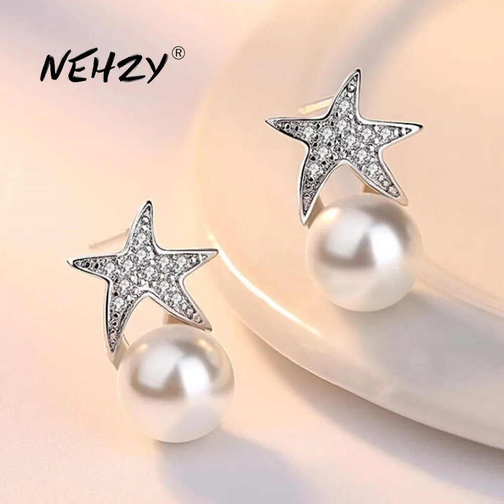 

925 Stamp Silver Color Stud Earrings High Quality Woman Fashion Jewelry Retro Simple Starfish Pearl Crystal Zircon