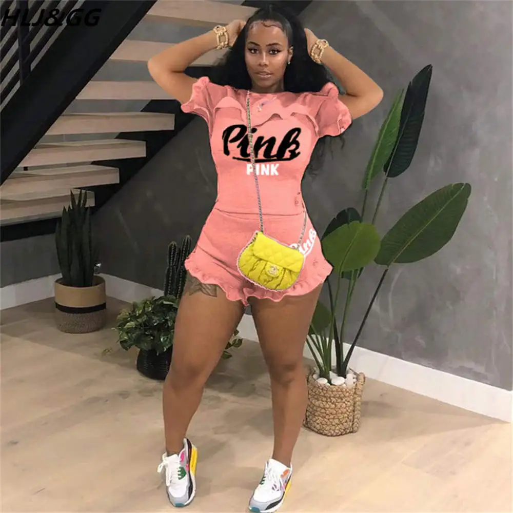 

HLJ&GG Casual Women Ruffle Design Two Piece Sets Summer Round Neck PINK Letter Print Top + Shorts Tracksuit Female Solid Outfits