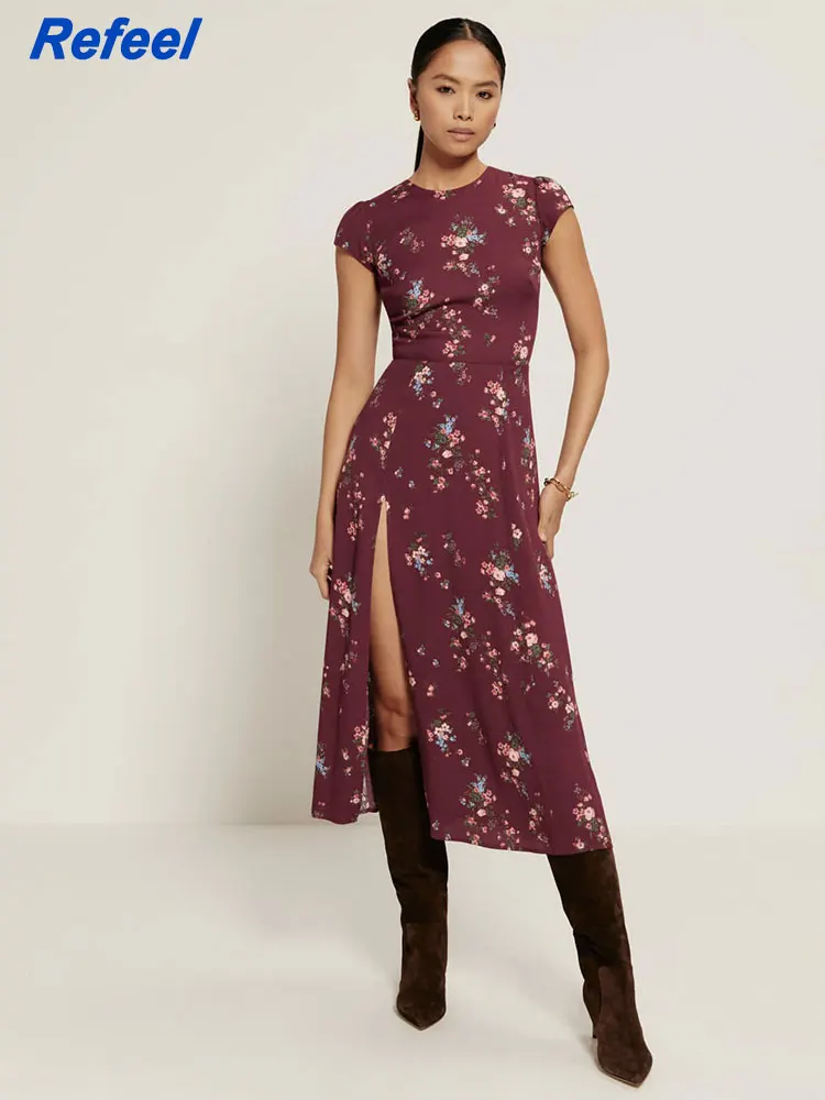 

Summer women midi dress slim floral print A-line o neck fashion folk vintage holiday short sleeves party long split dress 22520