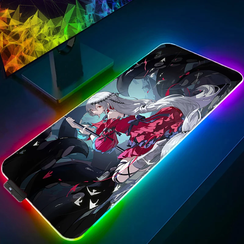 Большой резиновый коврик для мыши Arknight Skadi в стиле аниме для девочек Kawaii RGB игровой коврик для мыши для ноутбука с подсветкой клавиатуры Противоскользящий мягкий Настольный коврик