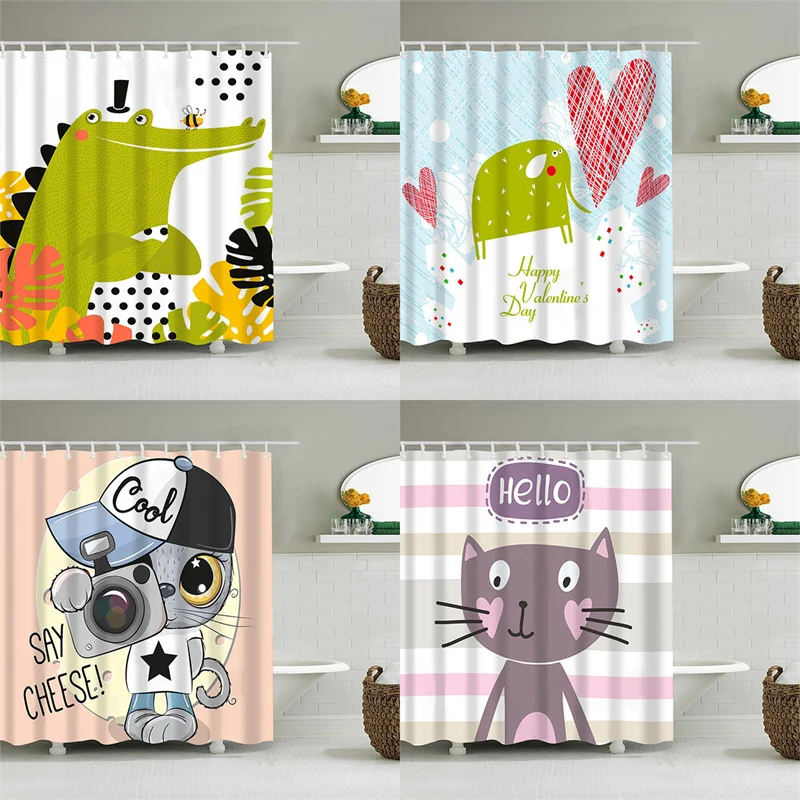 

Cartoon Animal Waterproof Fabric Shower Curtain Polyester Cats Printed Shower Screen with Hooks Bathroom Decoration 180x180cm