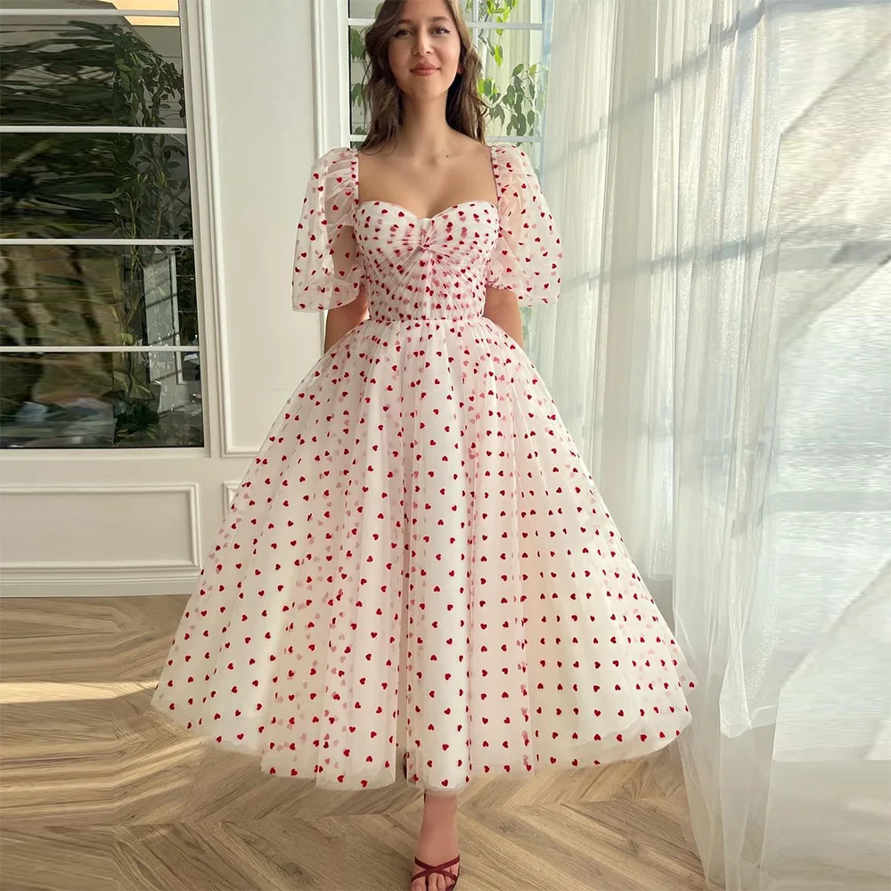 

Платье для выпускного вечера из тюля Sevintage, ТРАПЕЦИЕВИДНОЕ ПЛАТЬЕ до середины икры, с пышными рукавами и сердечками, модель 2023