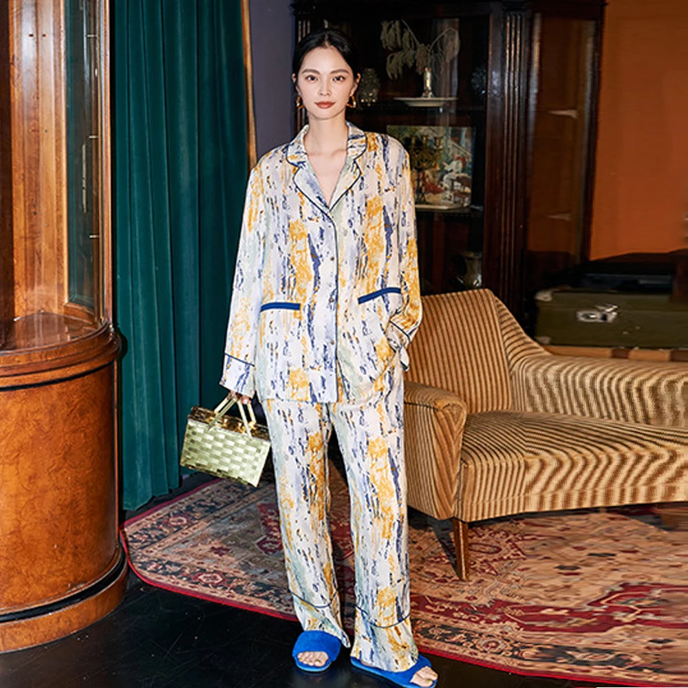 Fall Printed Pajamas Set Loungewear Sleepwear for Women 2 Pieces Long Sleeve with Pants Suit Silk Satin Female Pyjama Homewear