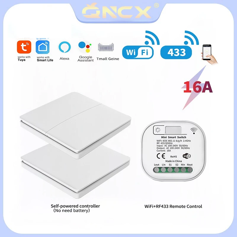 

QNCX 16A WIFI Switch Smart Home Tuya App Remote Control Smart Timer Switch No Battery Light Switch RF433Mhz Self-Powered Relay