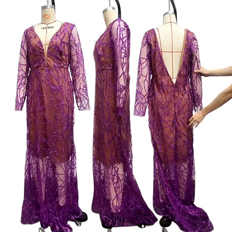 2023 New Women'S Birthday Ball Party Dress Deep V Lace Hollow Long Sleeve Gold Splash Performance Comfortable Casual Dress