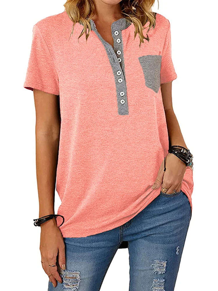 

Women Summer Fashion V-Neck Stitching Top Short Sleeve Patchwork Button T-Shirt Ladies Casual Loose Comfortable Daily Tops