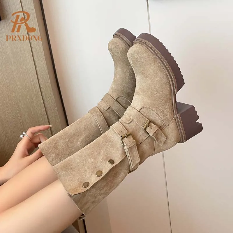 PRXDONG 2024 новые брендовые женские ботинки до середины икры из натуральной кожи
