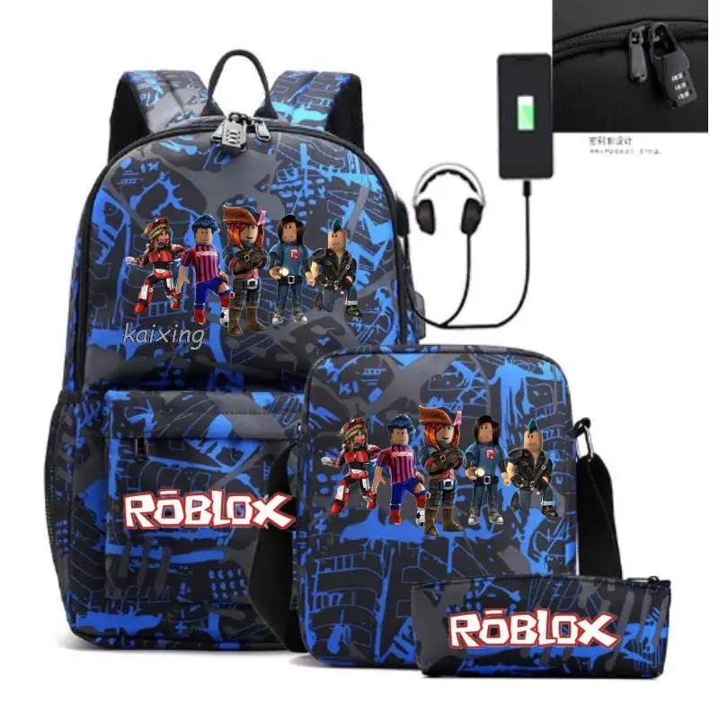 Рюкзак Robloxing с Usb-разъемом для ноутбука, комплект из 3 предметов, вместительные школьные ранцы для мальчиков и девочек-подростков, дорожная сумка, вернуться в школу