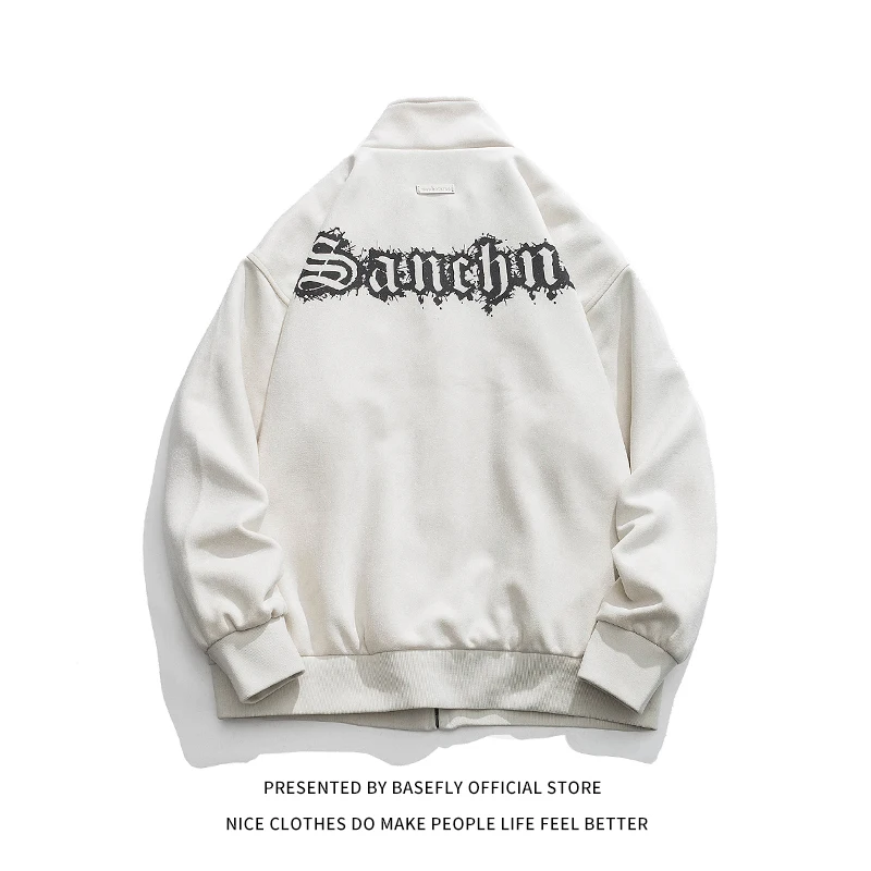 

New Autumn Suede Retro Vintage Simple Letter Embroidery Men Baseball Coach Jacket Unisex Woman Varsity Bomber Coat Casual Street