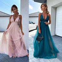women v neck mesh dress sexy fashion backless lace patchwork party maxi dress ladies elegant chic solid color evening dress