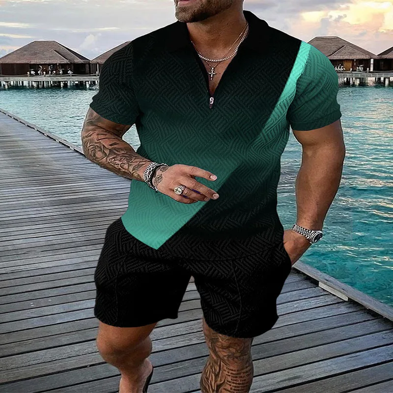 2023 Summer Men's Outdoor Polo Suit Printed Polka Dot Short Sleeve and Straight Shorts Men's Clothing 2-Piece Set