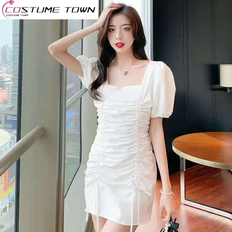 

2023 New Summer Square-neck Collarbone Waistband Shows Thin Temperament Dress Women's Long-sleeved Sexy Buttock Skirt