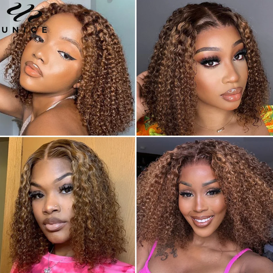 

UNice Hair 6x4.5 Ombre Highlight Lace Front Wig Brown Blonde Pre-cut Curly Short Bob Wigs Human Hair Glueless for Black Women