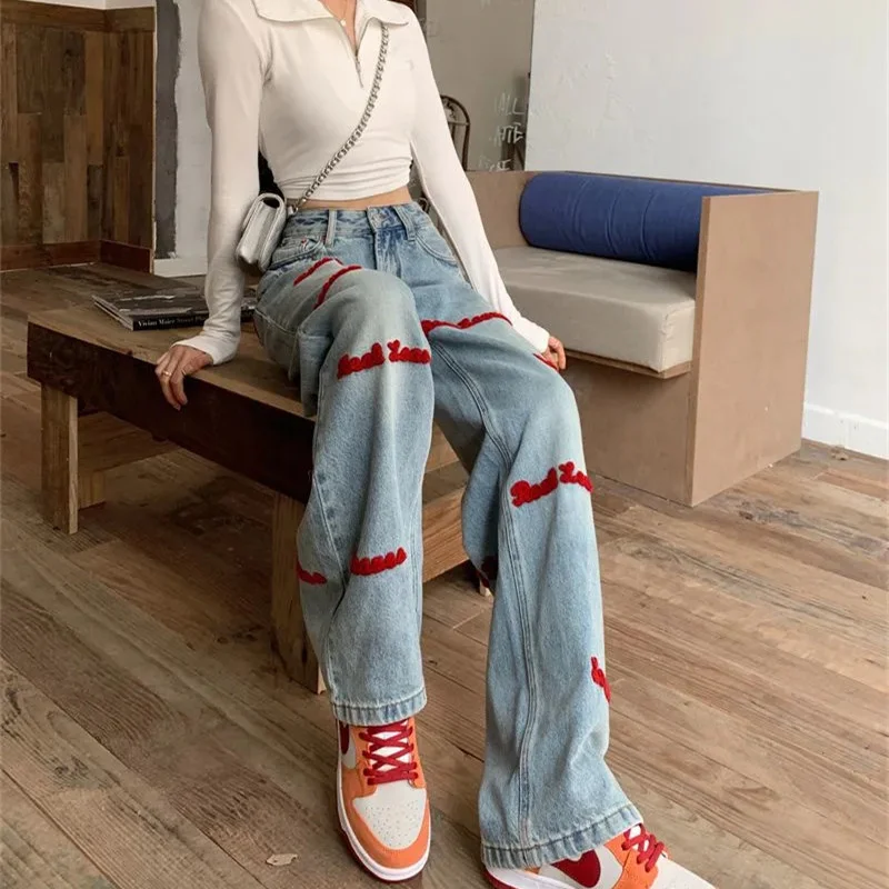 

Hot jeans,2023 Streetwear Letter Embroidery Jeans Woman High Waist Y2k Straight Baggy Pants Korean Fashion Women's Jeans Trend T