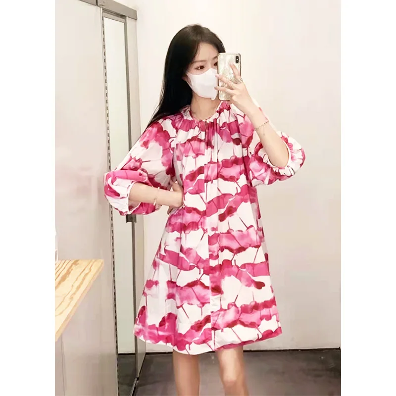 

Haflf Sleeves Cotton Fabric Pink Color Women Loose Dress O-Neck Ruched Folds Daily Long Dress For Lady Vestidos
