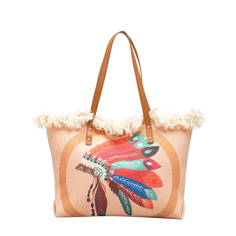 

Ethnic Style Commuter Shoulder Bag Large Capacity Printing Tassels Tote Bag Bohemian Canvas Handbag Women Shopping Tote Bag