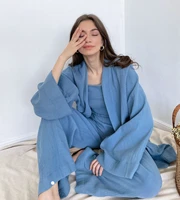 2022 trendy autumn 100 cotton crepe pajamas set 2 pieces sleep robes with belt loose sleepwear home clothes womens nightie
