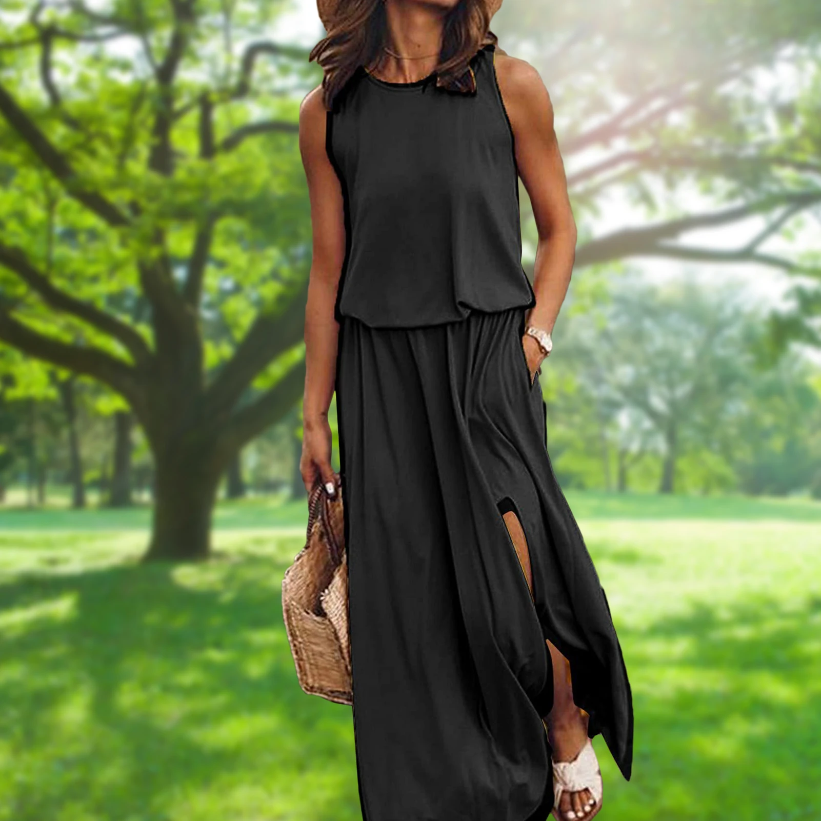 

Summer Holiday Beach Dress Round Neck Sleeveless Long Dress Waist Tight Elegant Fashion European Breathable for Weekend Vacation