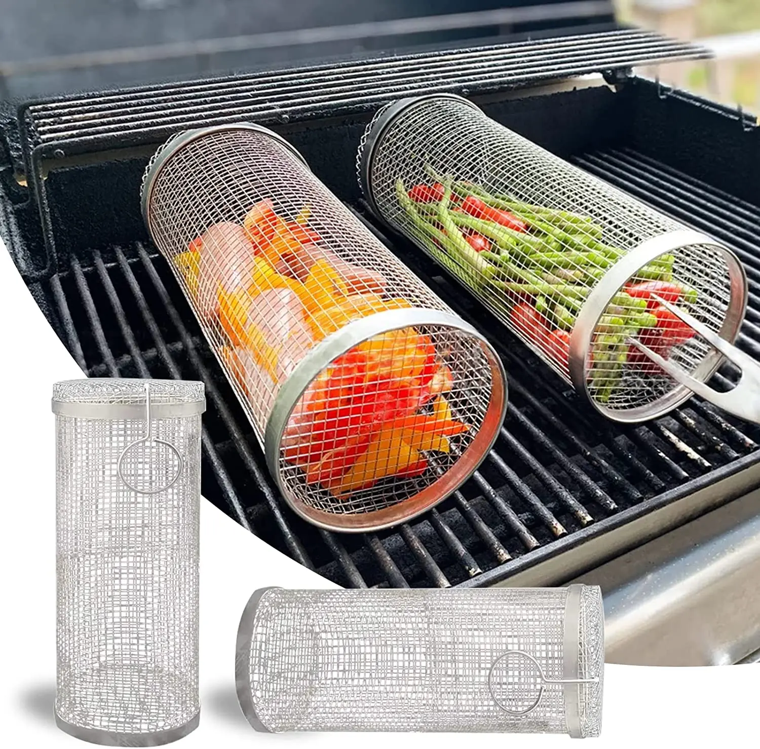 

New Rolling Grilling Basket Stainless Steel BBQ Basket Gate Wire Mesh Cylindrical BBQ Tools Net Tube with Removable Mesh Cover