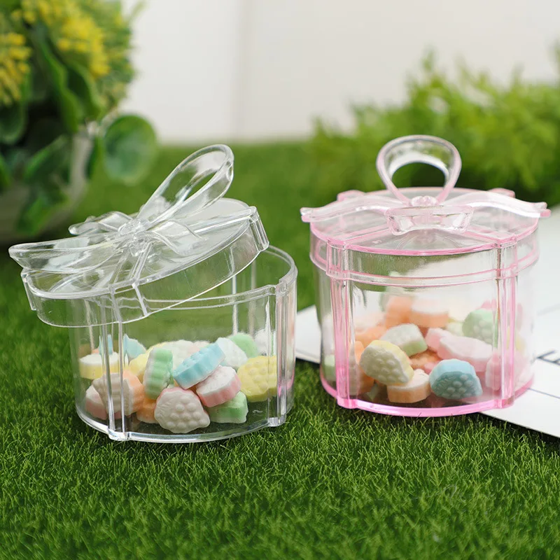 

12pcs Creative Cylindrical Transparent Candy Box with Bow Lid Wedding Party Gift Package Box for Baby Shower Birthday Supplies