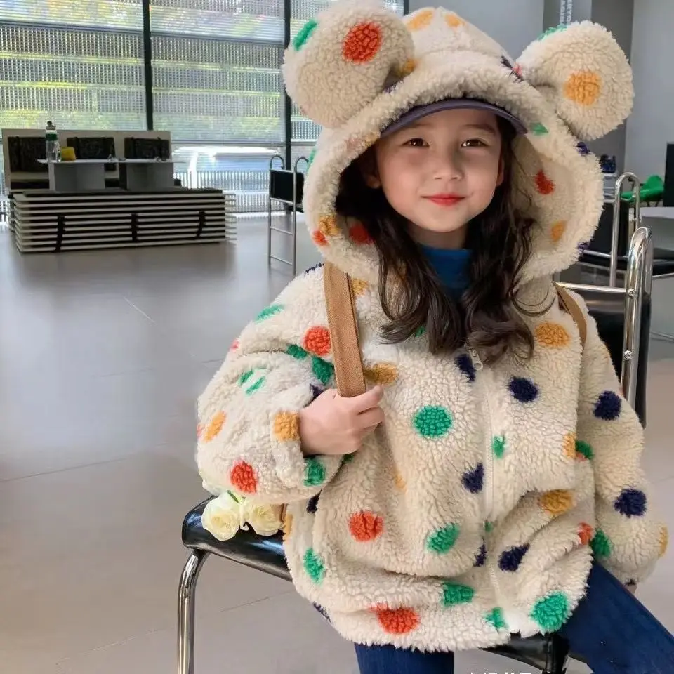

Korean Girl Fur Casual Color DOT Wool Sweater Autumn Winter 2022 New Baby Girls Hooded Cotton Padded Clothes Coat for Girls Kid