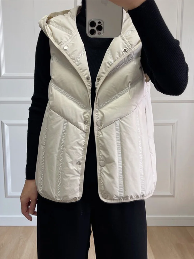 

Winter Women White Duck Down Coat Casual Ultra Light Puffer Coat Female Hooded Single Breasted Sleeveless Vest Jacket