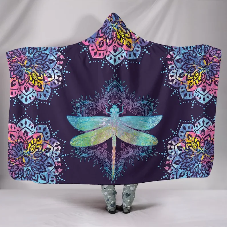 

Blue Mystical Dragonfly Mandala Hooded Blanket - Lotus Sacred Geometry Throw, Spiritual Meaning Of Life, Celestial Wearable Blan