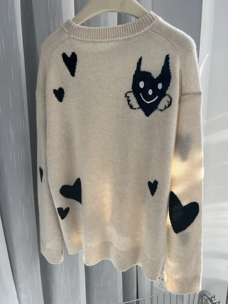 

Cashmere Sweater for Women Cartoon Heart-Shaped Jacquard O-Neck Long Sleeve Fashion Female Knitted Pullover