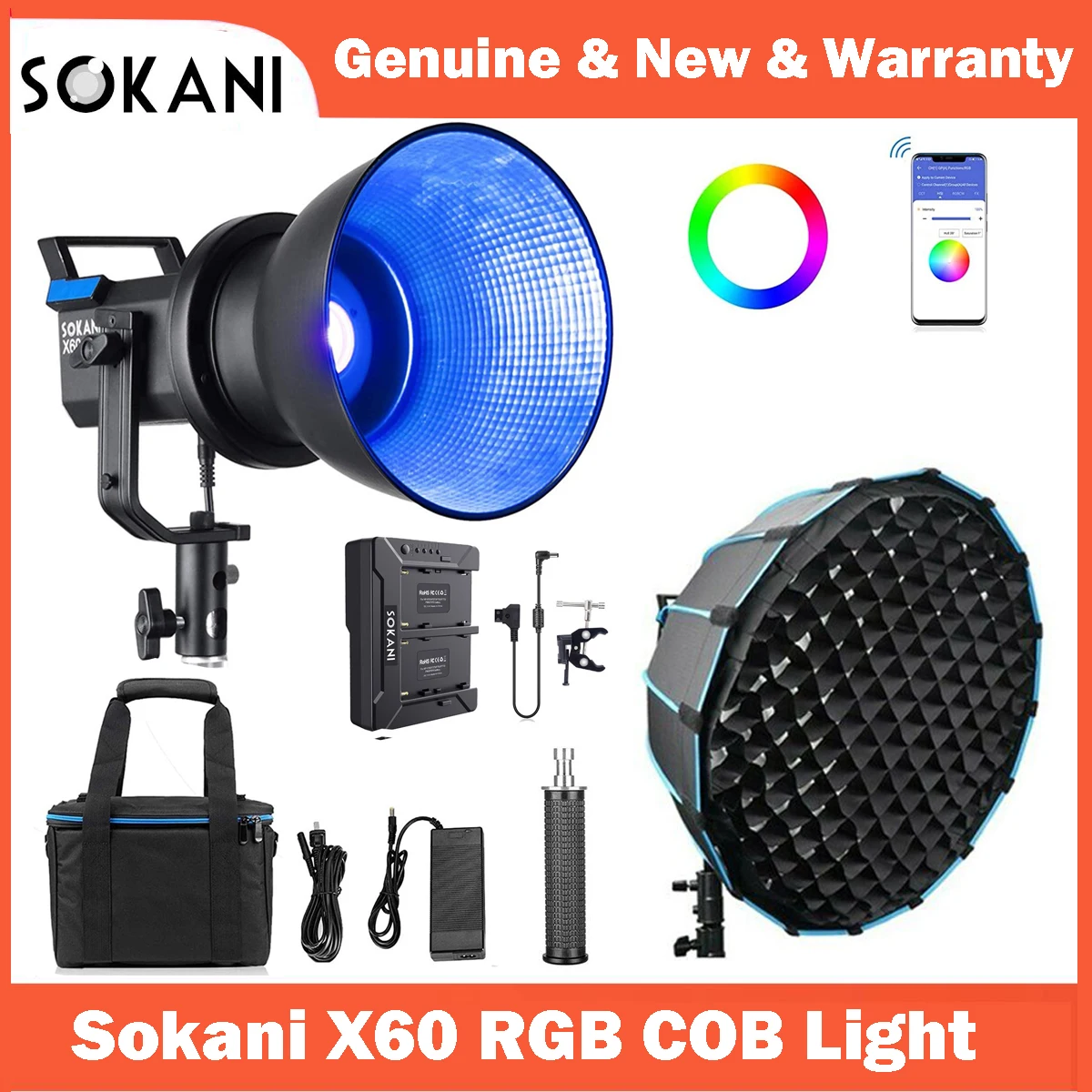 

Светодиодный светильник Sokani X60 80 Вт RGB с управлением через приложение, светильник с креплением Bowens для фотосъемки, видеозаписи, свадьбы, улиц...