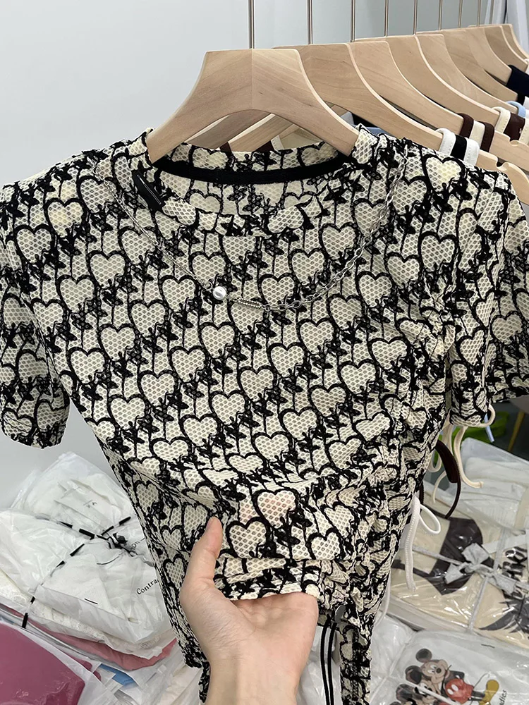 

2023 летняя забавная рубашка, женские футболки Y2k, модная футболка в стиле Харадзюку, укороченные топы с корейским принтом, Винтажная футболка с круглым вырезом и коротким рукавом