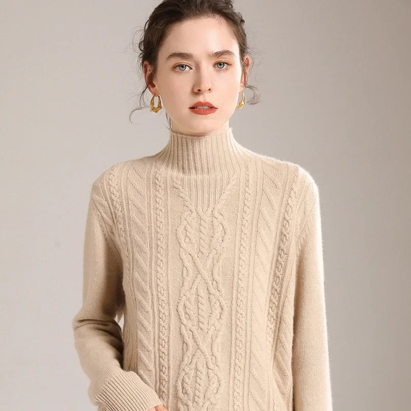 Женский модный утолщенный свитер с высоким воротником до половины поло вязаный