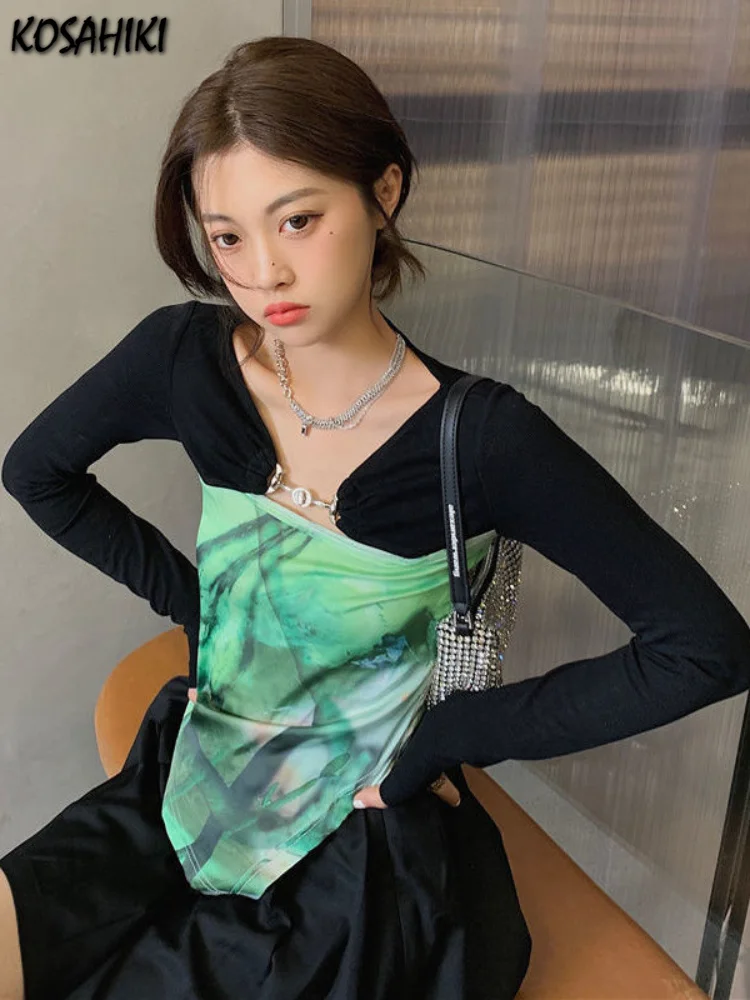 

Женская футболка с длинным рукавом, асимметричная облегающая футболка контрастных цветов в Корейском стиле Харадзюку, Y2k, 2023