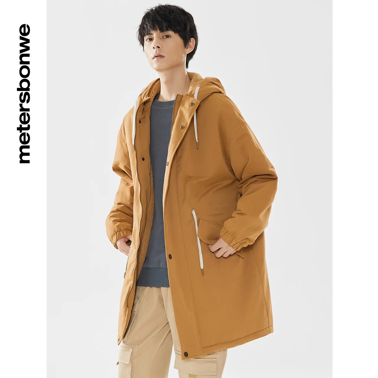 Metersbonwe Men Windproof Medium Length  Wadded Clothes Hooded  Thick Sherpa Warm Wear Casual Loose Winter Cotton-Padded Coats