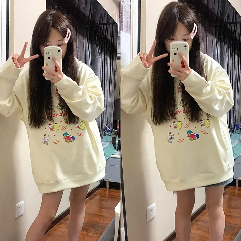 

Kawaii Sanrioed аниме новая демисезонная куртка для девочек Hellokittyed My Melody Cinnamoroll милый мультяшный ленивый Свободный Топ с капюшоном