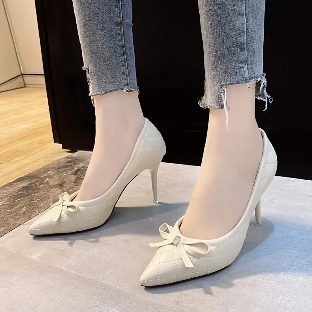 New All Matched Ladies Thin High Heel Pumps Sexy Pointed Toe Dress Shoes Plaid Design Butterfly Knot Bridal Shoes