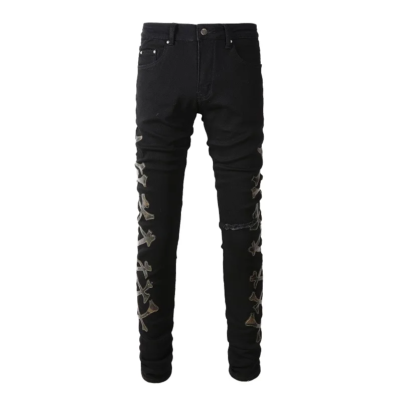 

Men's Distressed Black Brand Skinny Stretch High Streetwear Fashion Slim Fit Blank Bones Patches Ripped Jeans