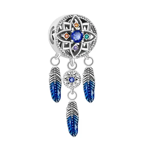 Женский браслет «Ловец снов» из серебра 925 пробы с синими перьями