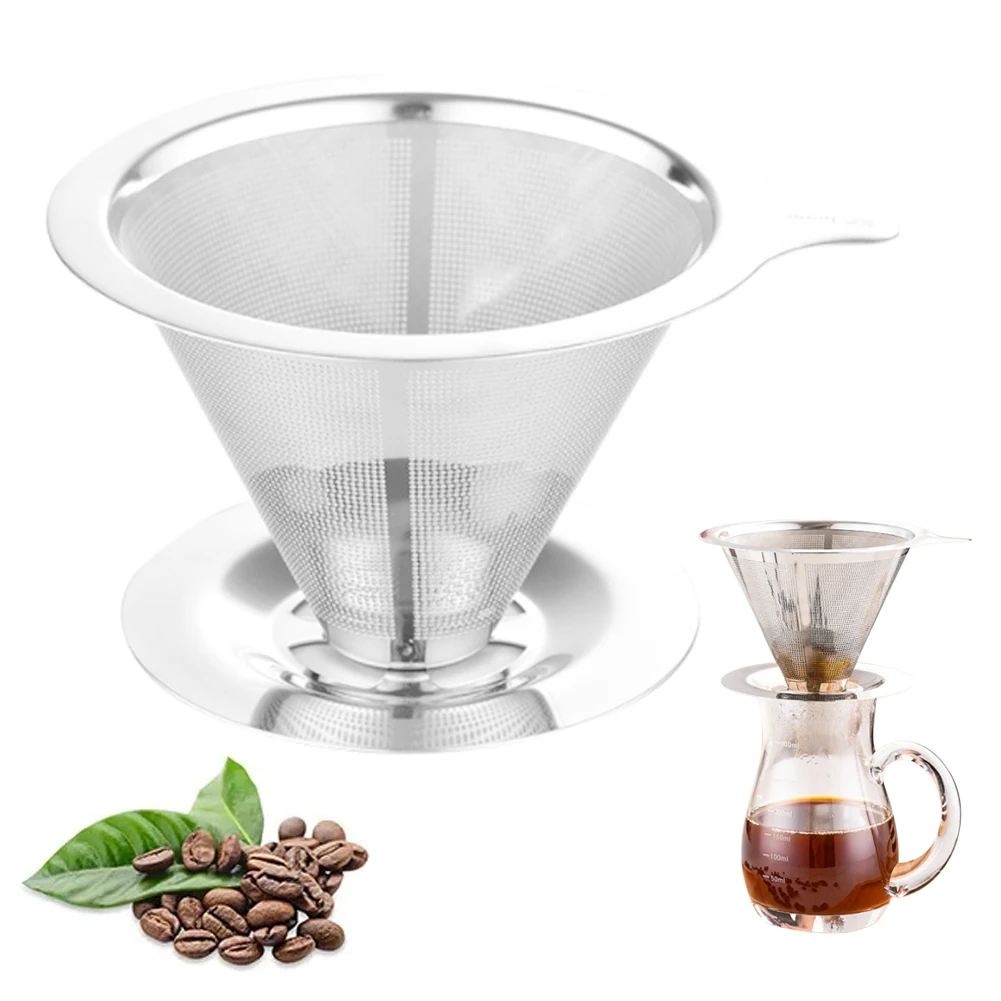 

Pour Over Coffee Dripper Reusable Stainless Steel Coffee Filter Paperless Coffee Metal Cone Filter Double-Layer Fine Mesh Filter