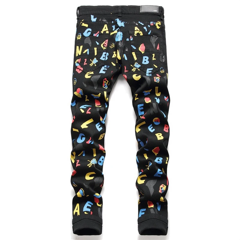 EH·MD® Colorful English Letters Embroidered Jeans For Men's Cotton Soft Small Straight High Street Personalized Slim Pants 2023