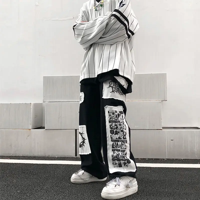 

2022 Spring And Autumn Cartoon Patch Large Size Pants Men And Women Fashion High Street Loose Harajuku Pants Casual Sportspants