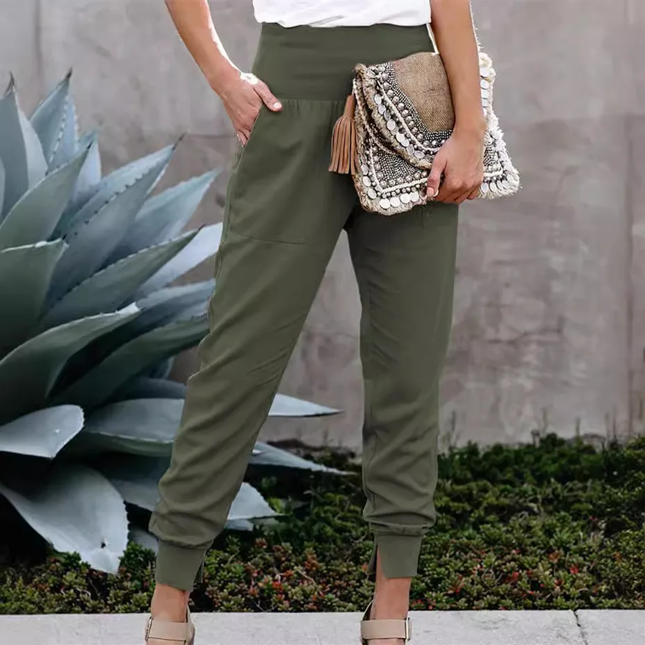 Женские повседневные брюки из полиэстера однотонные с эластичным поясом и