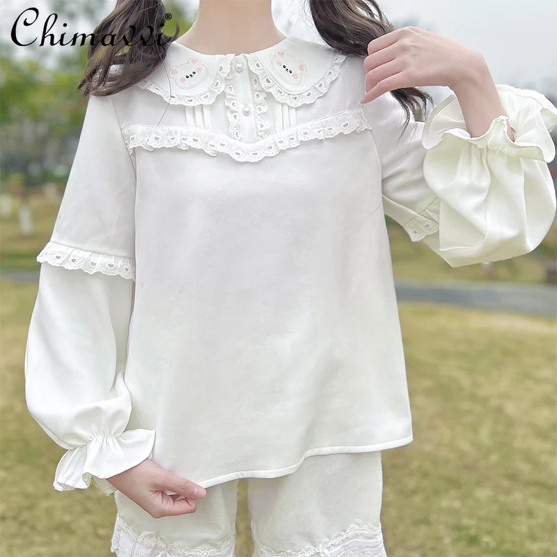 Японская хлопковая рубашка с вышивкой медведя для девочек кукольный воротник