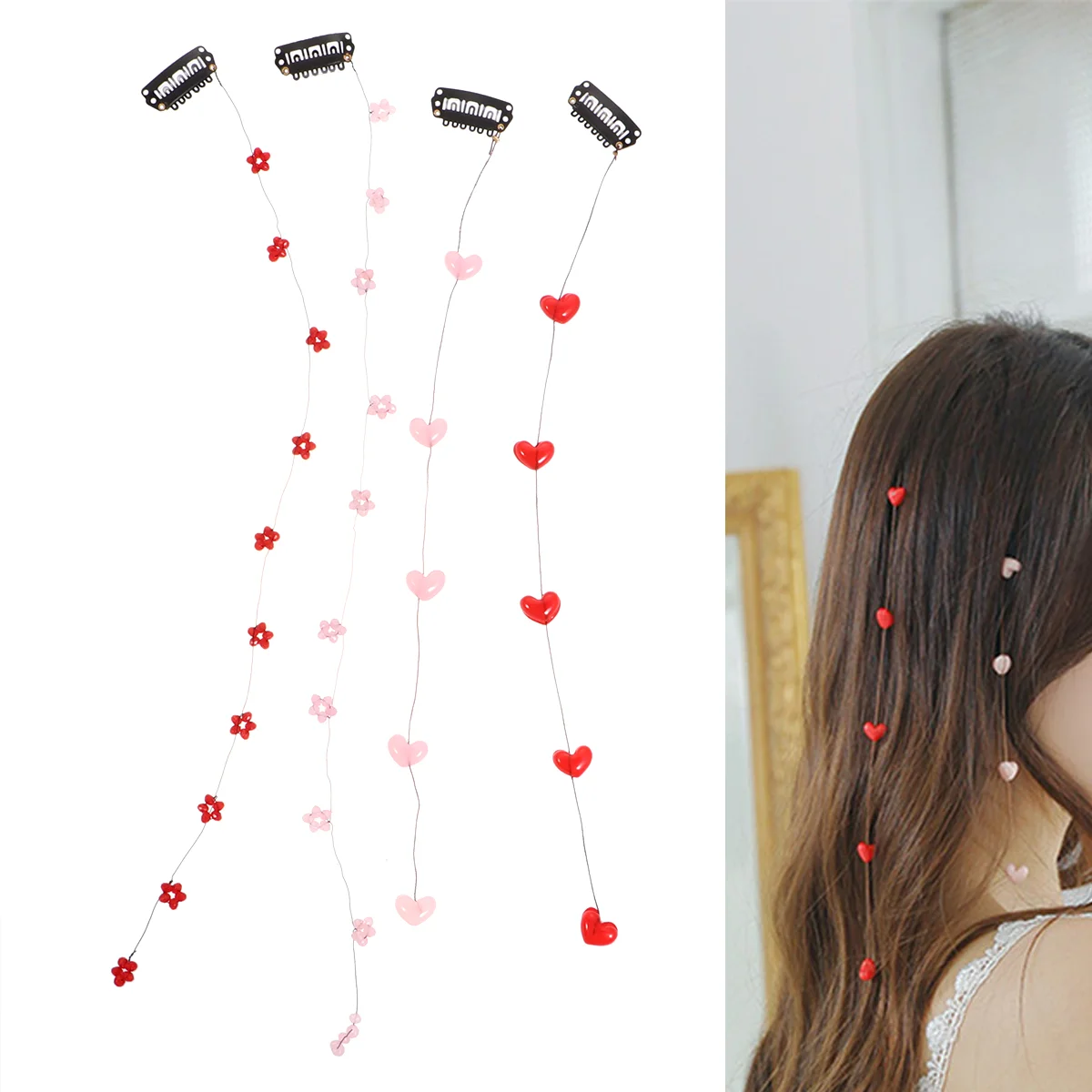 

4pcs Long Hair Clips Fashion Love String Hairpin Flower String Headdress Invisible Hair Decoration for Women Girls Students