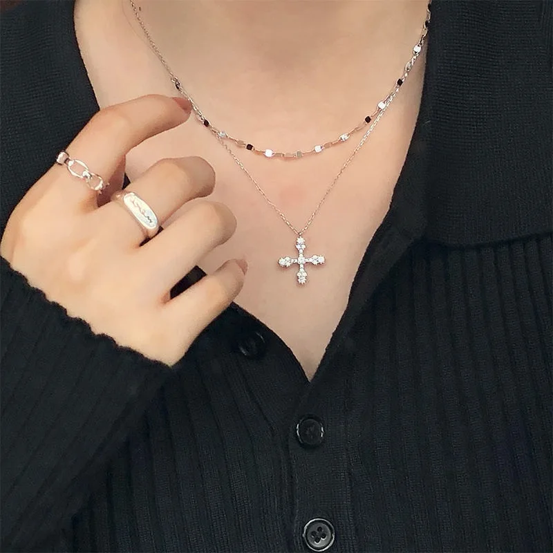 

Fashion Tidal Current Full Zircon Double Layer Necklace Irregularity Geometric Cross Sweet Coo For Women Gift Wedding Wholesale