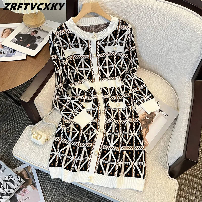 

Autumn New Arrivals Women Knitted Dress Long Sleeve Single-Breasted Sweater Dresses Casual Simple Office Female A-line Vestido