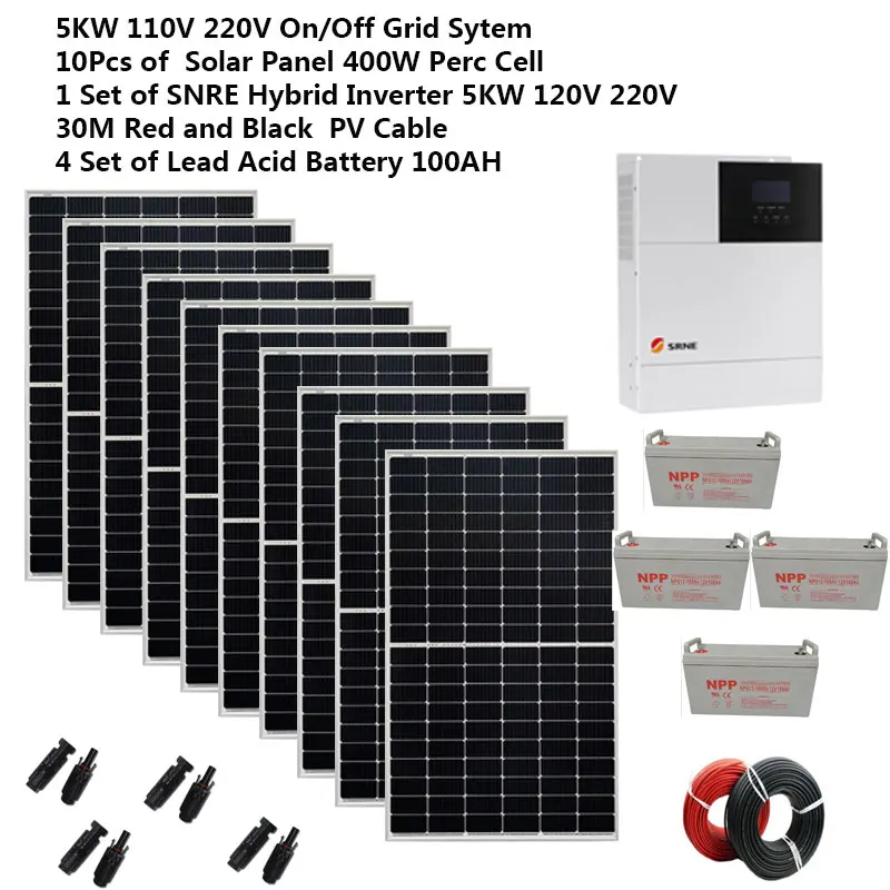 Solar Panel Kit Complete 5000W 220V 110V Solar Panel 400W Lead Acid Battery Off Grid System  MPPT UPS Hybrid Inverter Bedroom RV