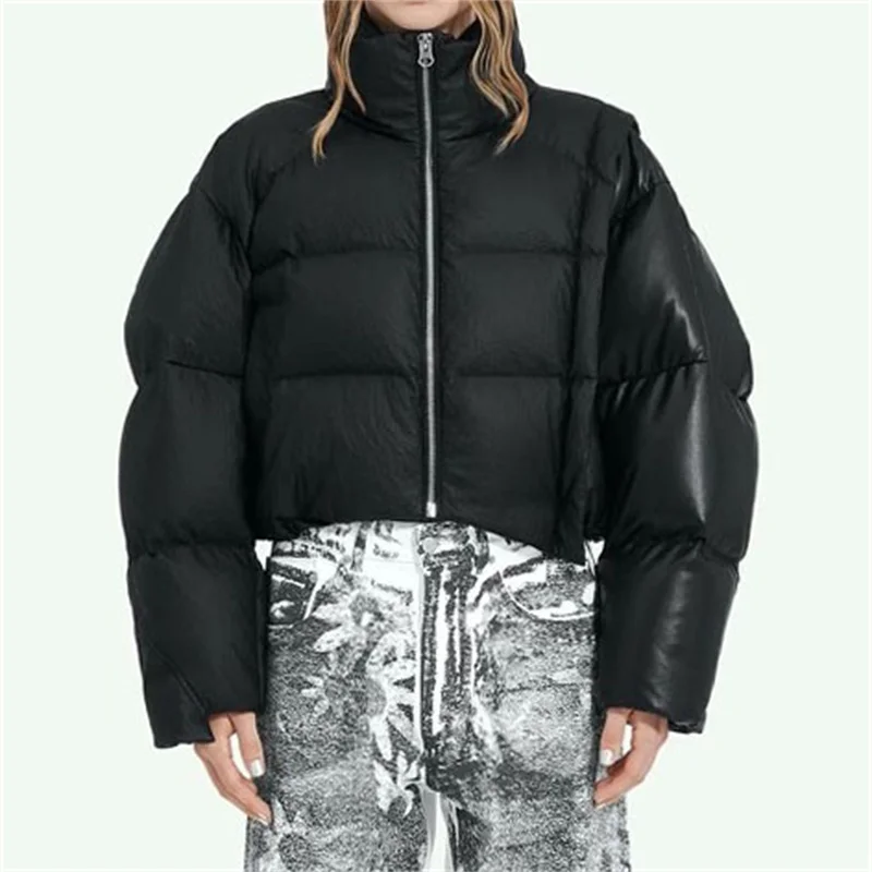 

Women's winter jacket New in Artificial leather stitching stand collar Down jackets 90 white duck down filling fluffy down coats