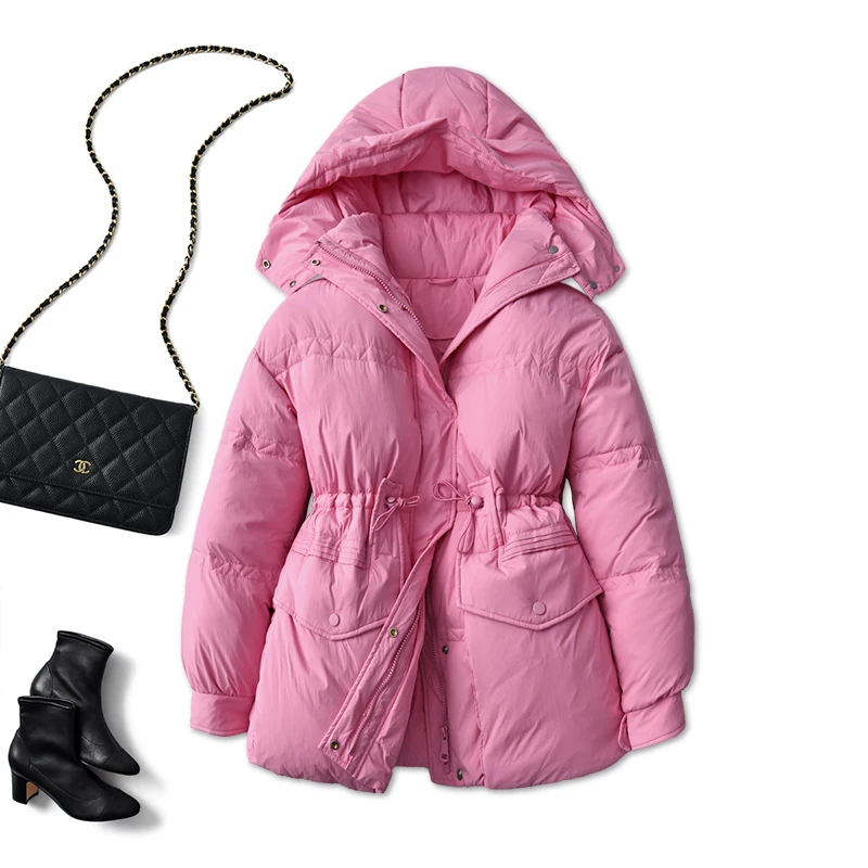 

Женское тонкое пальто с капюшоном, розовое повседневное пальто на молнии с белым утиным пухом и регулируемой талией, весна-осень 2022