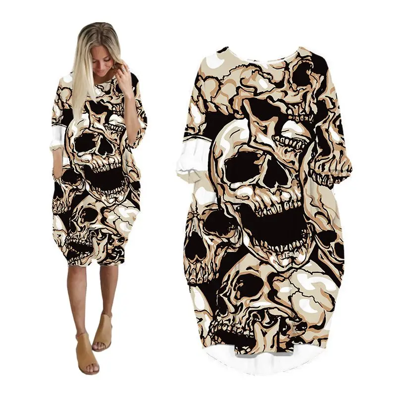 

dresses for women skull print plus size long sleeve fashion punk woman clothes streetwear oversized ladies clothing female dress